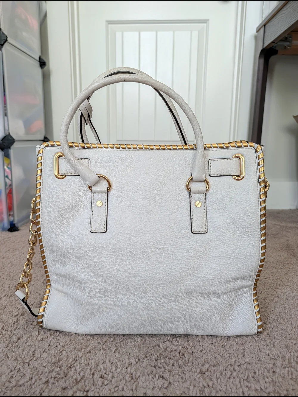 Michael Kors White Gold Hamilton Whipped Leather Satchel Handbag Purse